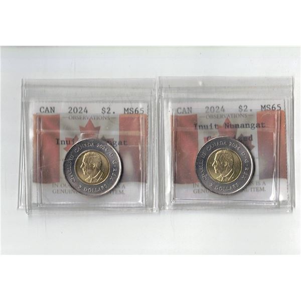 PCCS Inuit $2 MS65,  2 coin Lot, Professional Coin Certification System