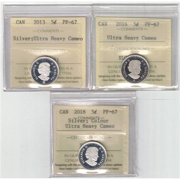 ICCS Silver & Silver Color 5¢,  3 coin Lot