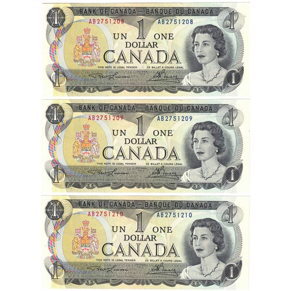 1973 Canada $1. Notes, 3 Consecutive Number, Unc Notes