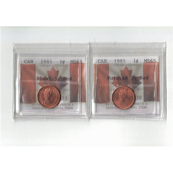 PCCS 1985 1¢ Red; Pointed 5 & Blunt 5, 2 Coins