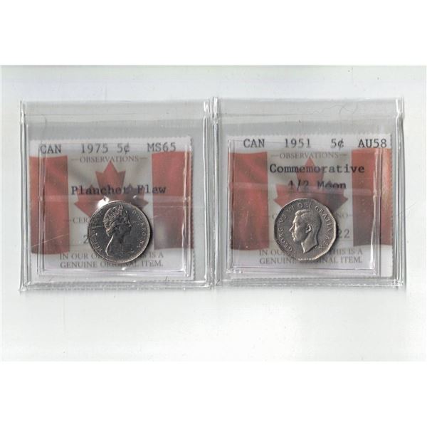 PCCS 1951 5¢ 1/2 Moon, 1975 5¢ Planchet Flaw