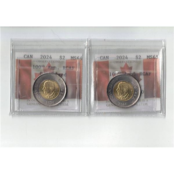PCCS, 2024 RCAF 100th Ann. $2,  2 coin Lot, Professional Coin Certification System