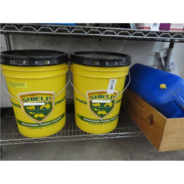 5 Gal. Jugs of Tractor Hydraulic Fluid 2, Fuel Can, Wooden Crate