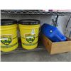 Image 2 : 5 Gal. Jugs of Tractor Hydraulic Fluid 2, Fuel Can, Wooden Crate
