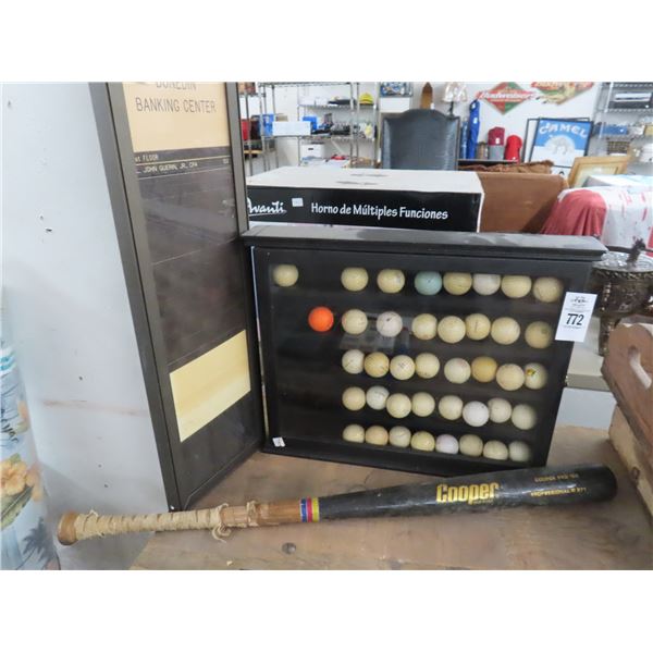 Cooper Vintage Baseball Bat, Golf Ball w/Showcase, Banking Center Reader Board