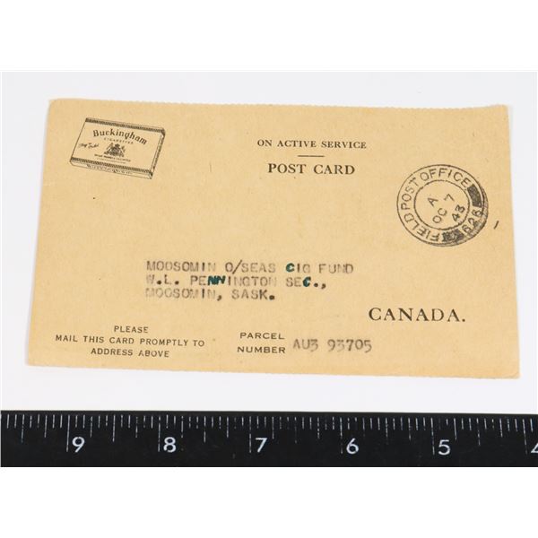 #329 WW2 CANADIAN ACTIVE SERVICE POST CARD WRITTEN