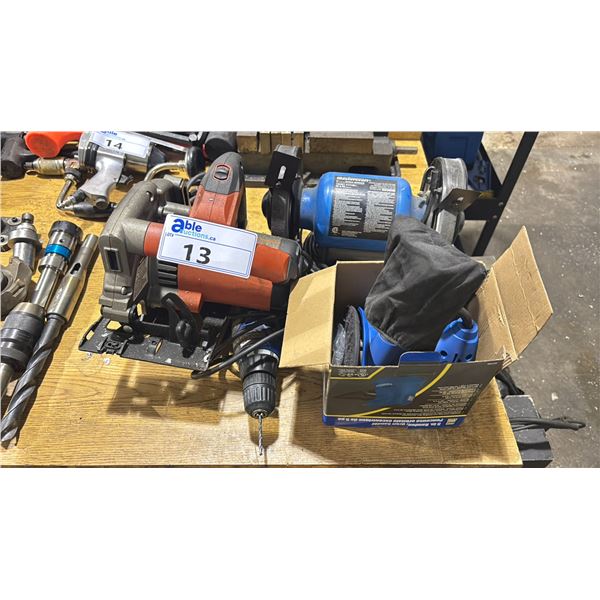 MASTERCRAFT 6" DUAL BENCH GRINDER, 5" ELECTRIC ORBITAL SANDER, ELECTRIC DRILL, & ELECTRIC 7 1/4"