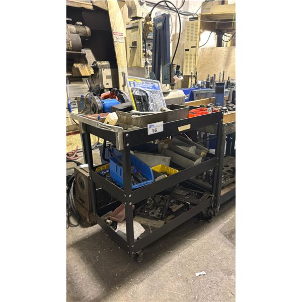 3 TIER MOBILE PRODUCT CART WITH ASSORTED HAND TOOLS, HARDWARE, C-CLAMPS & CONTENTS *CART INCLUDED*