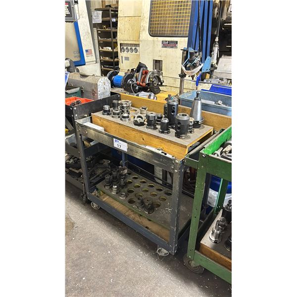 2 TIER MOBILE PRODUCT CART WITH ASSORTED COMMERCIAL INDUSTRIAL CNC MACHINE TOOLING / HEADS