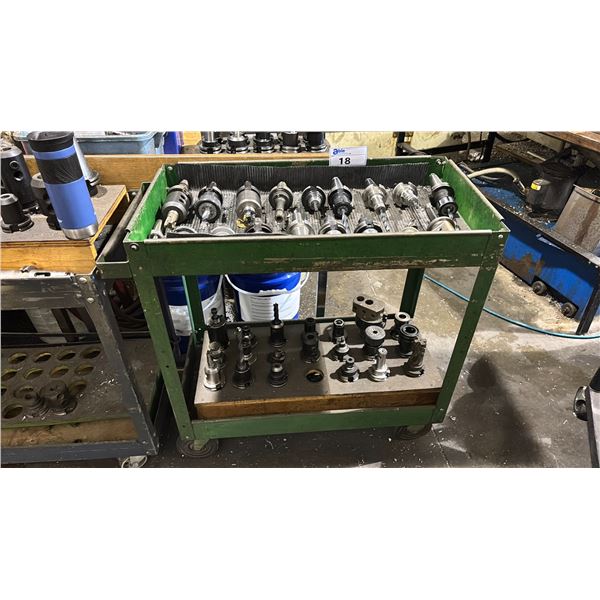 2 TIER MOBILE PRODUCT CART WITH ASSORTED COMMERCIAL INDUSTRIAL CNC MACHINE TOOLING / HEADS