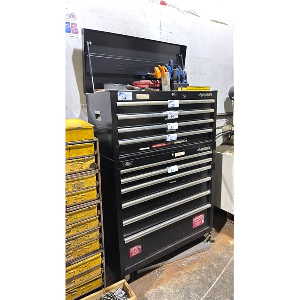 HUSKY BLACK 10 DRAWER 2 SECTION INDUSTRIAL MOBILE TOOL BOX WITH ASSORTED HAND TOOLS, TOOLING &