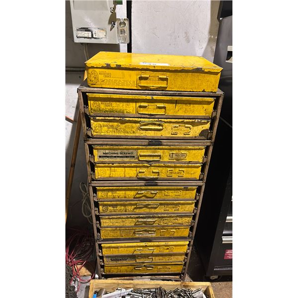 12 TRAY YELLOW METAL INDUSTRIAL MOBILE HARDWARE SORTER WITH ASSORTED HARDWARE CONTENTS