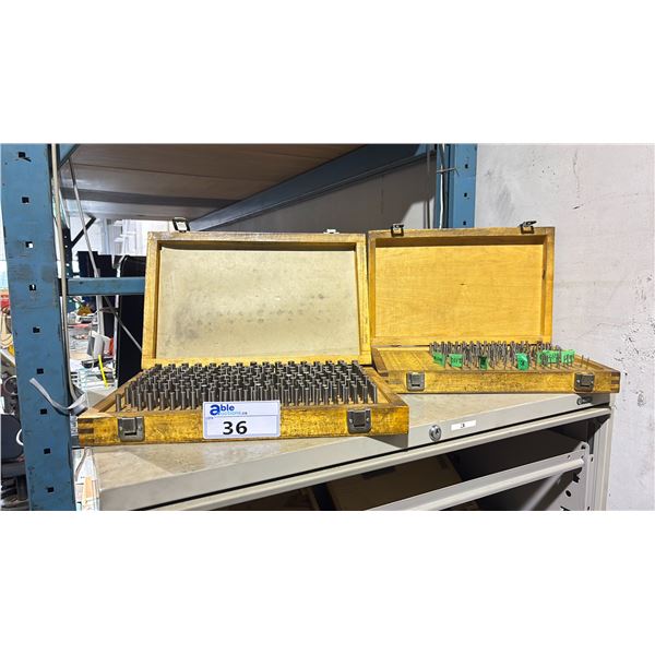 2 WOODEN TRANSPORT CRATES WITH COMMERCIAL INDUSTRIAL PIN GAUGE SETS