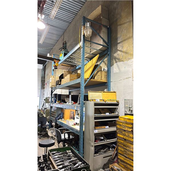 4 SHELF, 135"W SINGLE BAY OF BLUE INDUSTRIAL PALLET RACKING WITH WOOD, MESH DECKING
