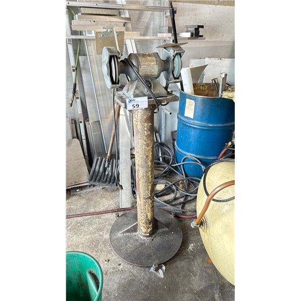 BALDOR 1/3 HP INDUSTRIAL ELECTRIC DUAL BUFFER / GRINDER ON HEAVY DUTY METAL PEDESTAL