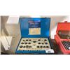 Image 1 : METAL TRANSPORT CONTAINER OF ASSORTED TAP & DIE TOOLS & A POWERFIST 50' AIR HOSE REEL