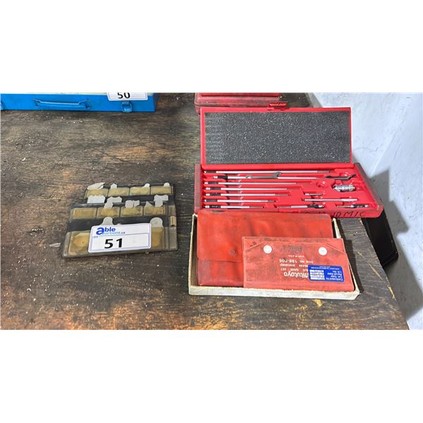 ASSORTED INDUSTRIAL DEPTH GAUGE SETS, RADIUS GAUGE SETS & MITITOYO POLE GAUGE SET IN PLASTIC