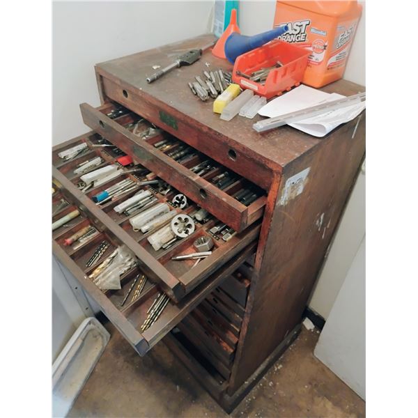 WOOD CABINET OF FULL RANGE TOOLS, TAPS, DRILLS, REAMERS, LOCKNUTS & MORE
