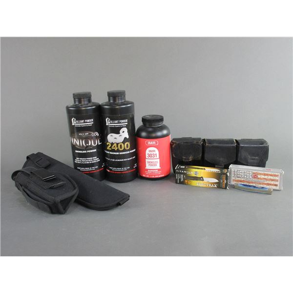 3 Partial Cans Of Smokeless Powder- 2 Holsters- 3 Ammo Pouches- Knife- Patches