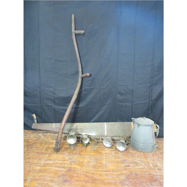 1 Man Crosscut Saw- Evener- Scythe Handle- 2 Single Spurs- 4 Carbide Lanterns- Enamel Coffee Pot