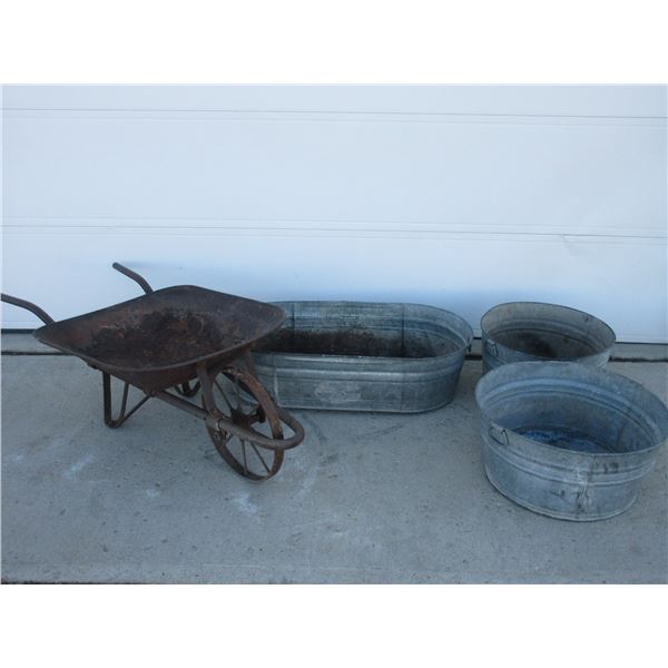 3 Washtubs And A Iron Wheel Barrow
