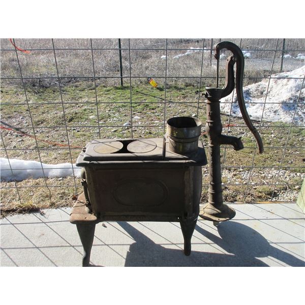 Wood Parlor Stove And A Cast Iron Well Pump- Stove Legs Need Some Help