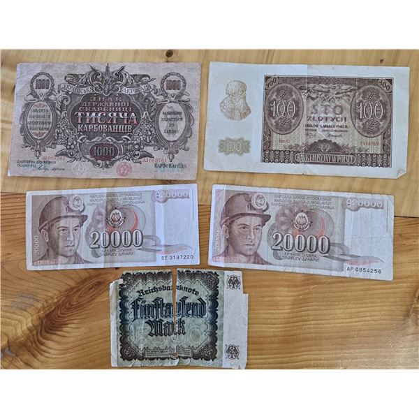 Lot of Five Older European Banknotes
