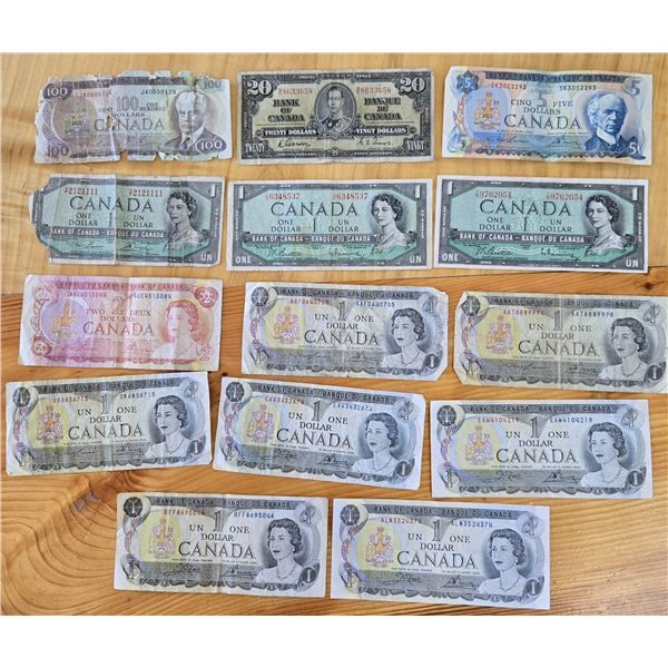 Lot of Fourteen Older Canadian Banknotes