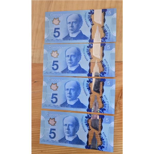 Four Uncirculated Sequential Canadian Five Dollar Banknotes