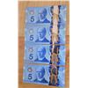 Image 1 : Four Uncirculated Sequential Canadian Five Dollar Banknotes