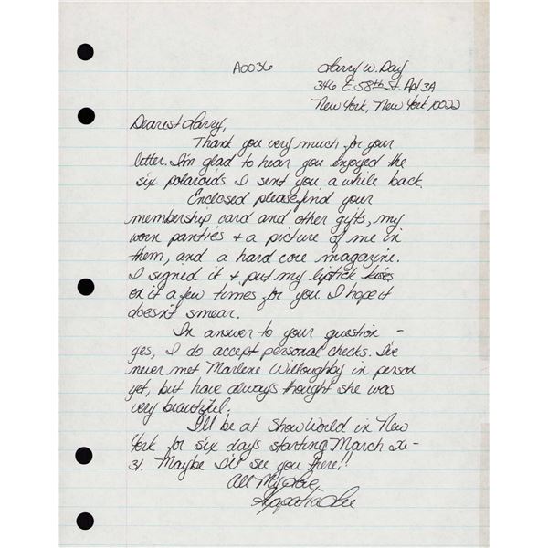 Hyapatia Lee signed handwritten letter
