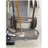 Image 2 : misc. lot of brooms, floor sweeper, floor squeegee and a 2 wheel dolly