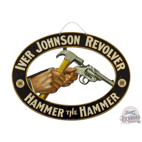 Incredible Iver Johnson Revolver "Hammer the Hammer" Die Cut Double Sided Tin Sign