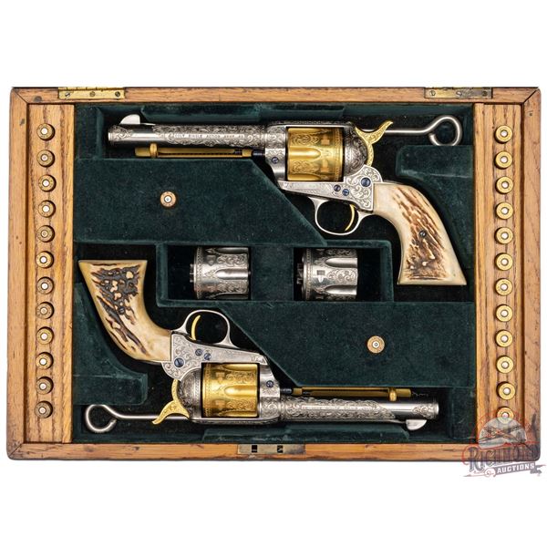 NICE Pair Colt SAA Single Action Army .45 ACP / LC H.Acevedo Engraved & Stag Grips in Display Case