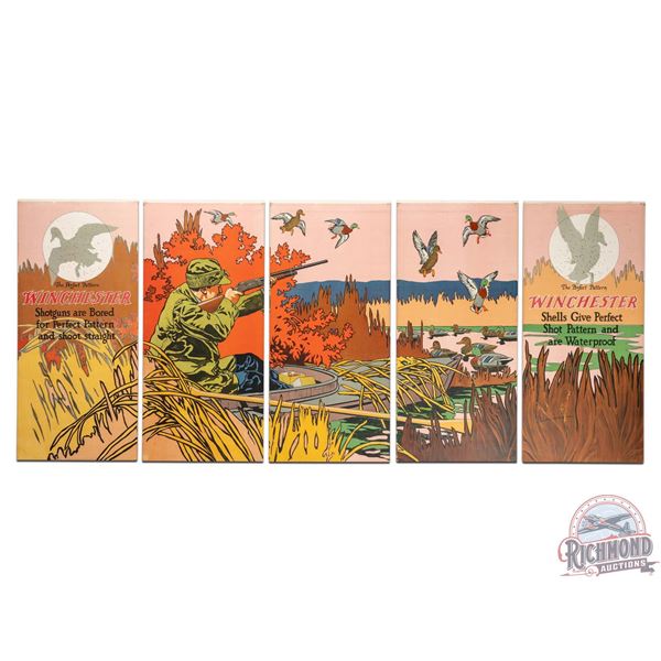 Early & Complete 1920 Winchester "Duck Hunting From Boat" & "Stoves & Heaters" 5 Panel Display Sign