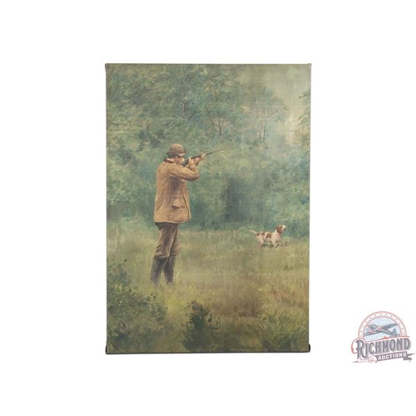 1900's Original Muslin Tapestry Painting "Summer Woodcock" Hunter Shotgun with English Pointer Dog