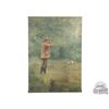 Image 1 : 1900's Original Muslin Tapestry Painting "Summer Woodcock" Hunter Shotgun with English Pointer Dog