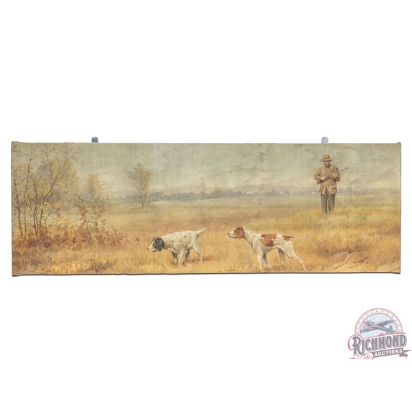 1900's Original Muslin Tapestry Painting "Quail - A Dead Stand" Hunter & Two English Pointer Dogs