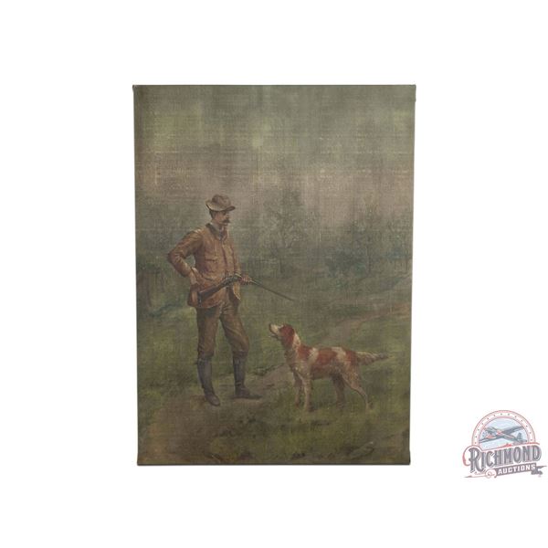 1900's Original Muslin Tapestry Painting Sportsman Hunter Reloading Shotgun w/ English Pointer Dog