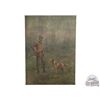 Image 1 : 1900's Original Muslin Tapestry Painting Sportsman Hunter Reloading Shotgun w/ English Pointer Dog