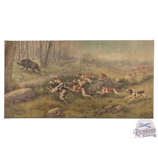 1900's Original Large Muslin Tapestry Painting Hunting Hounds Chasing a Big Boar