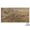 Image 1 : 1900's Original Large Muslin Tapestry Painting Hunting Hounds Chasing a Big Boar