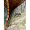 Image 4 : 1900's Original Large Muslin Tapestry Painting Hunting Hounds Chasing a Big Boar