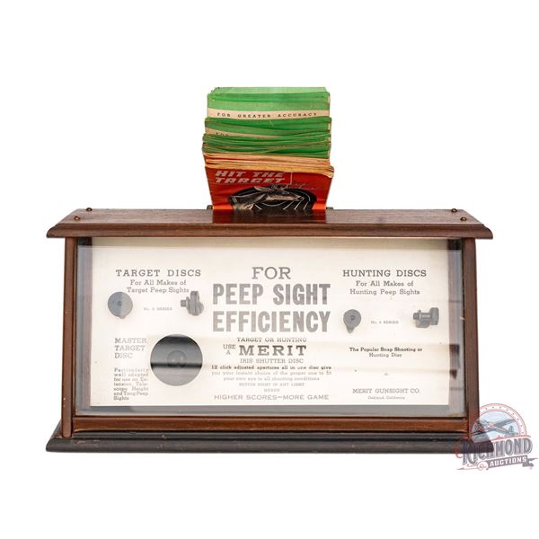 RARE Merit Gunsight Co "Peep Sight Efficiency" Wood Counter Sales Display & Brochures