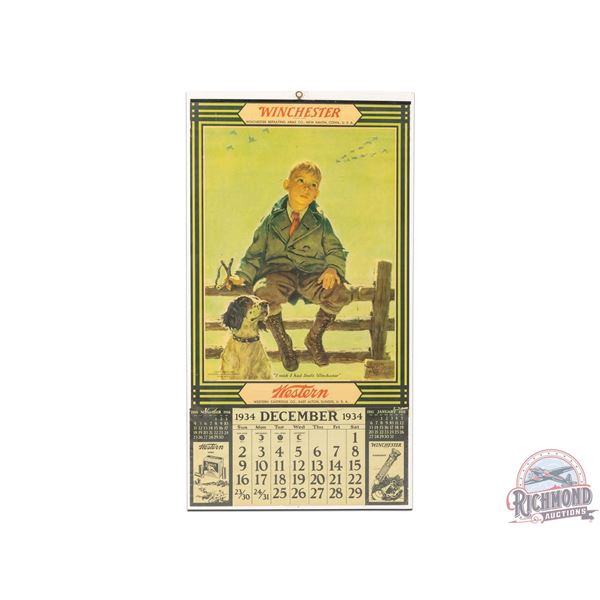1934 Winchester Western Cartridge Co Paper Calendar "I Wish I Had Dad's Winchester" by Eugene Iverd