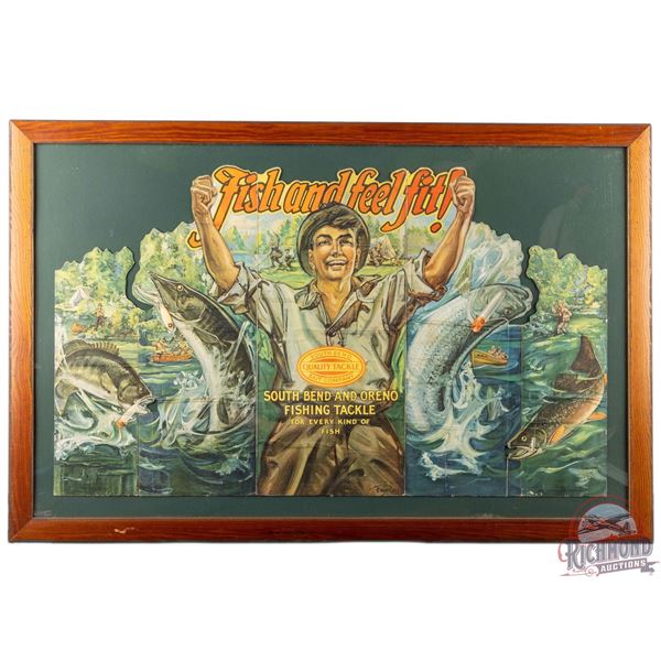 Scarce 1920's South Bend Bait Company "Fish and Feel Fit!" Countertop Display Sign by Frank Ross