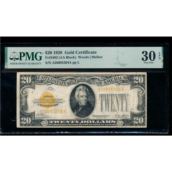 1928 $20 Gold Certificate PMG 30EPQ