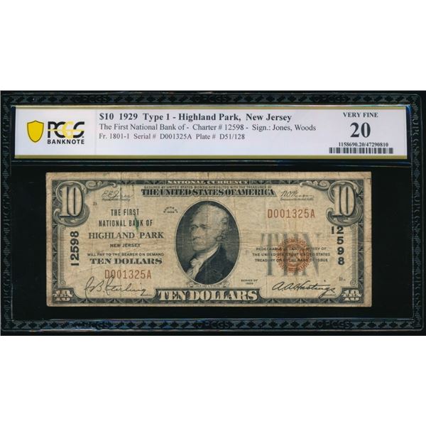 1929 $10 Highland Park NJ National PCGS 20
