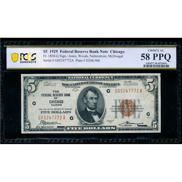 1929 $5 Chicago FRBN PCGS 58PPQ