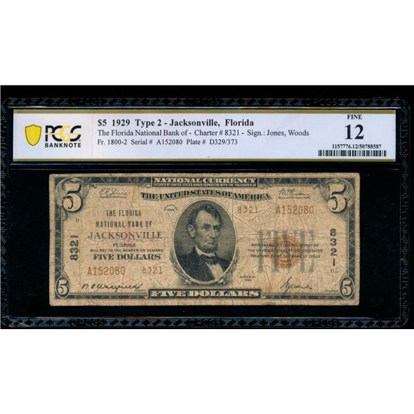 1929 $5 Jackson FL National PCGS 12